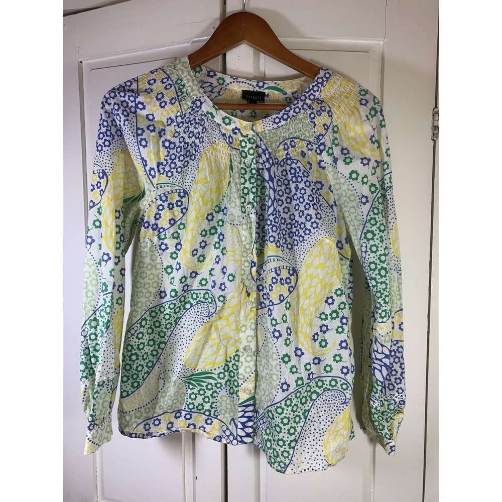 Talbots‎ Shirt Women Small Paisley Smocking Yellow Peasant Button Crochet Boho - Picture 2 of 12